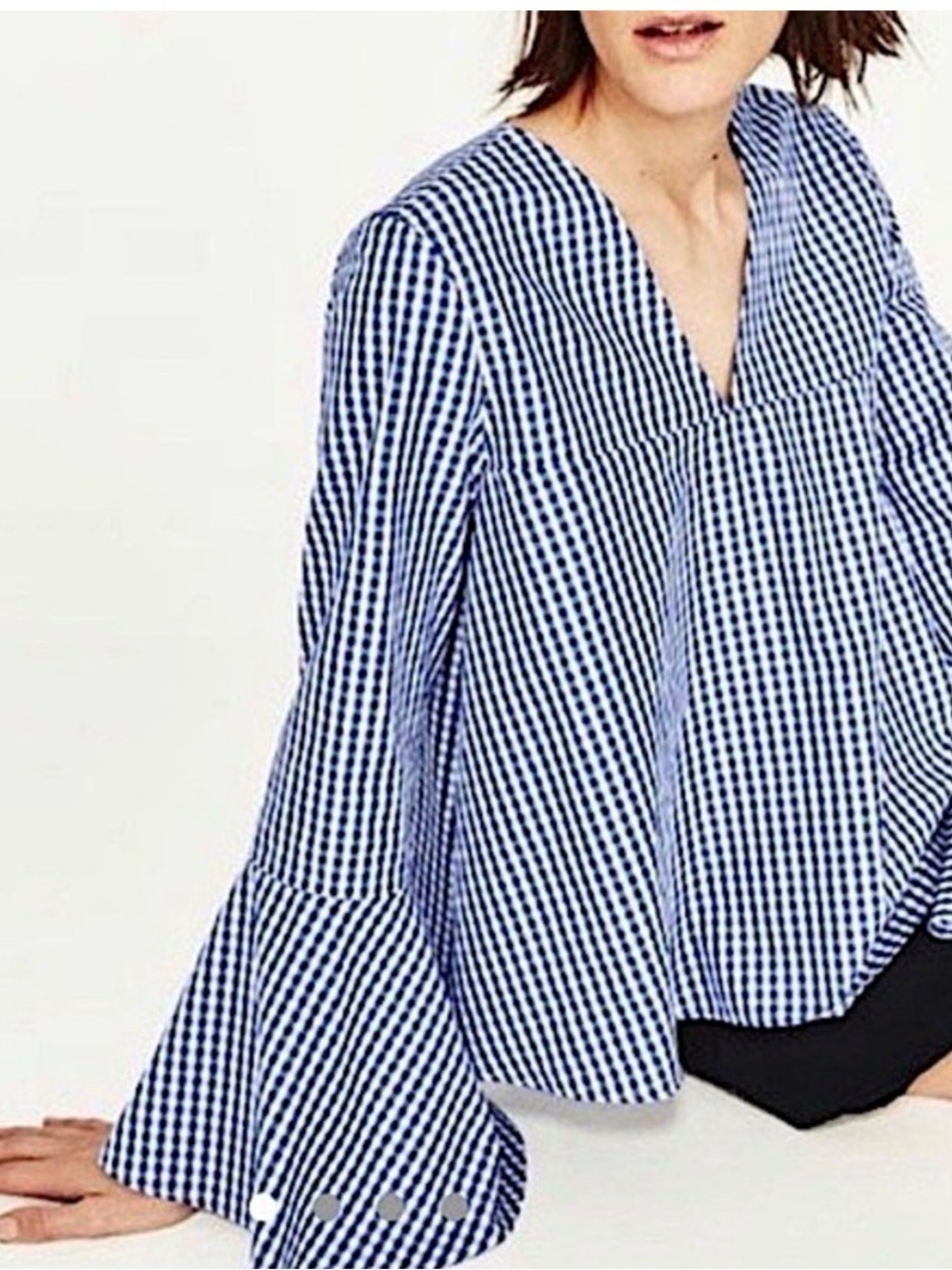 Zara Blue and White Gingham Bell-Sleeve Blouse